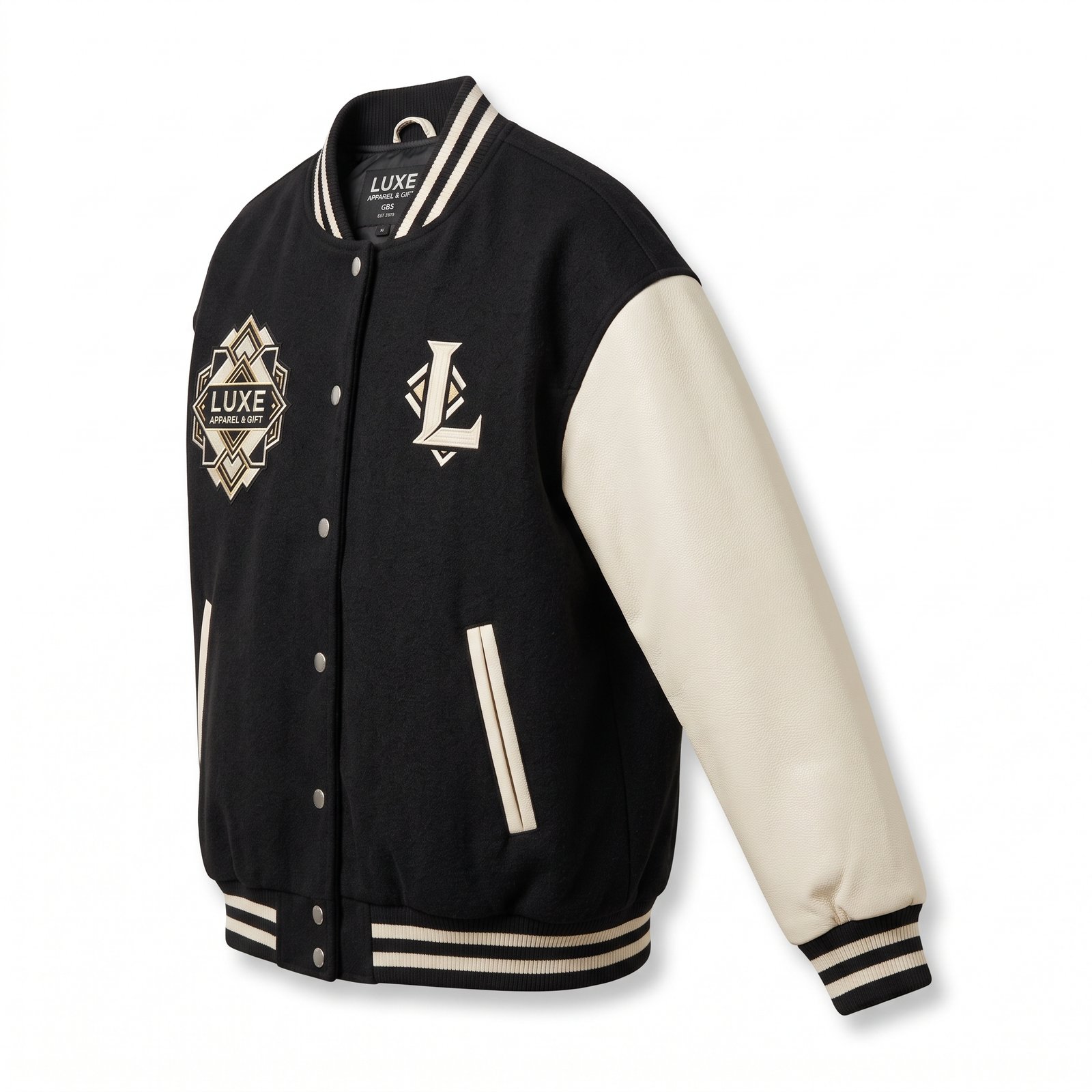 Luxe Apparel & Gift Premium Black & Cream Varsity Jacket with Art Deco Embroidery - Image 2