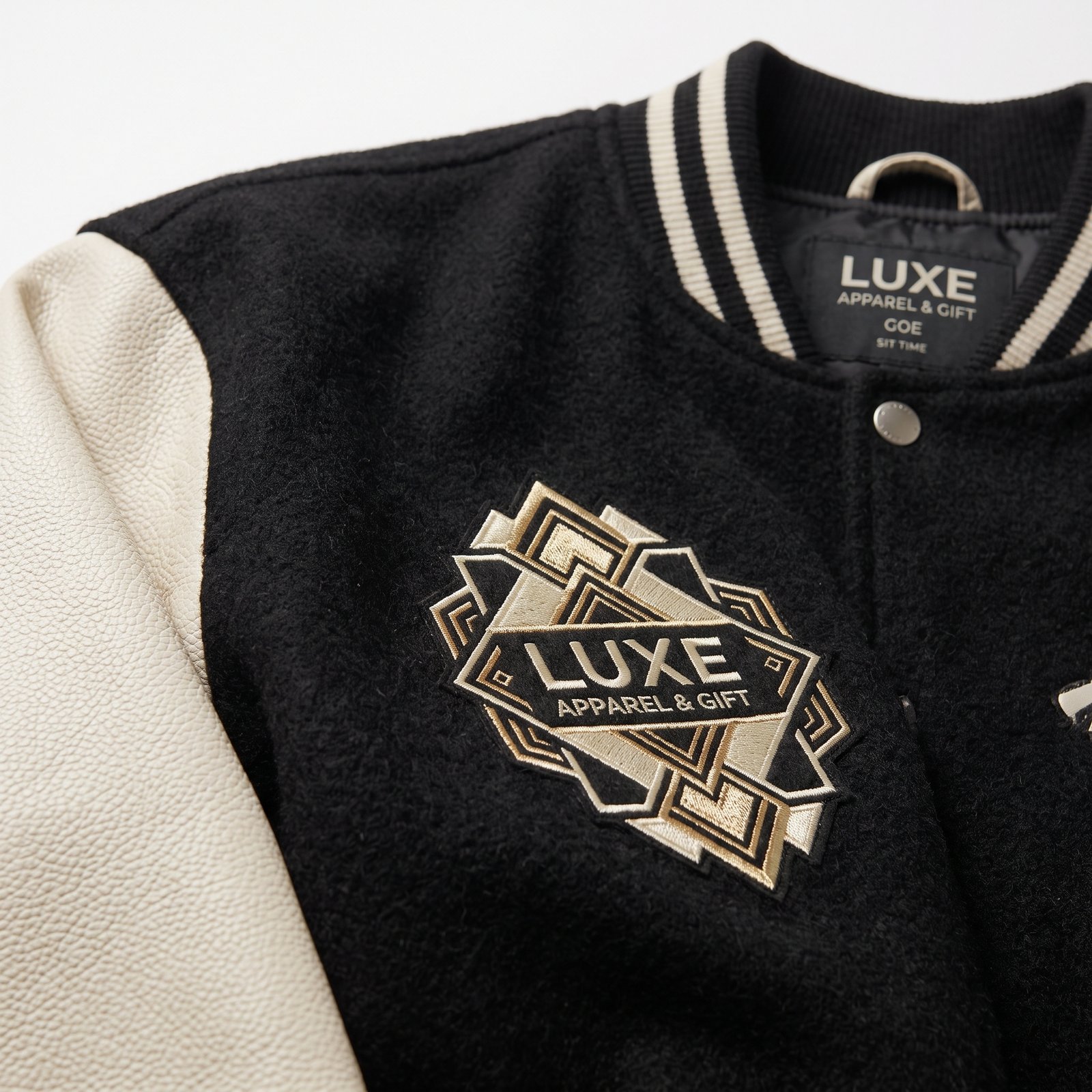 Luxe Apparel & Gift Premium Black & Cream Varsity Jacket with Art Deco Embroidery - Image 3