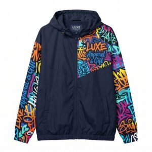 Luxe Apparel & Gift Women's Navy Blue Urban Graffiti Hooded Windbreaker
