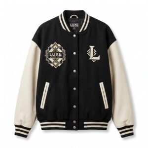 Luxe Apparel & Gift Premium Black & Cream Varsity Jacket with Art Deco Embroidery