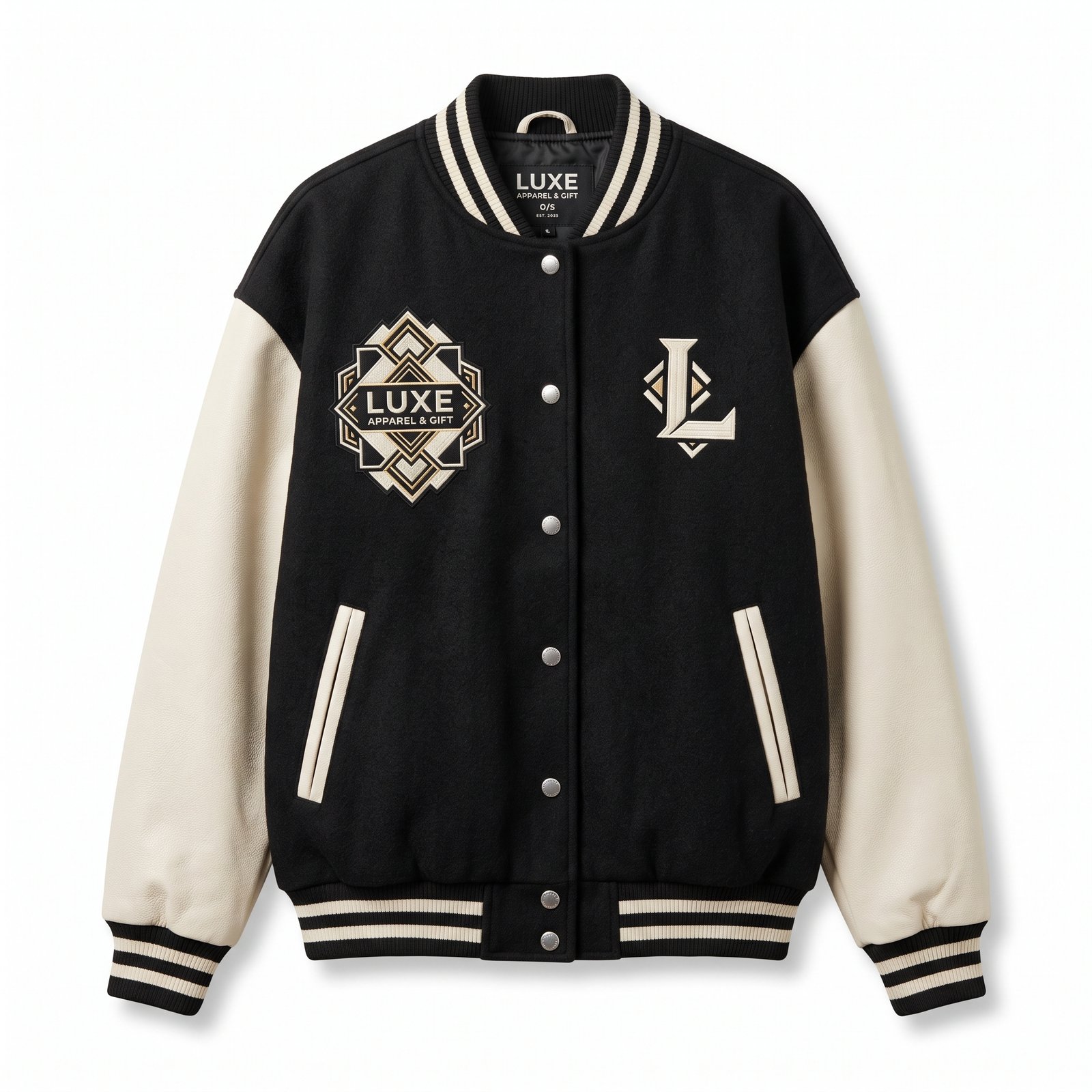 Luxe Apparel & Gift Premium Black & Cream Varsity Jacket with Art Deco Embroidery