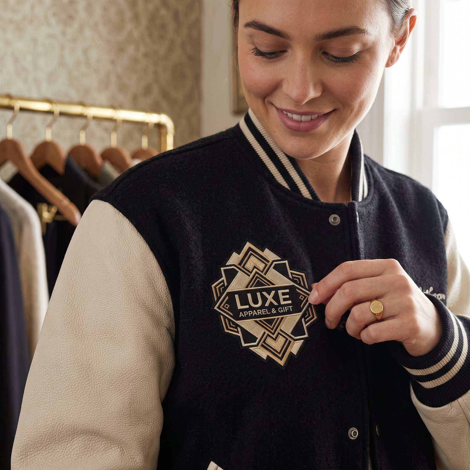Luxe Apparel & Gift Premium Black & Cream Varsity Jacket with Art Deco Embroidery - Image 4