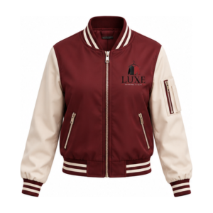 Luxe Apparel & Gift Burgundy and Cream Women's Varsity Bomber Jacket